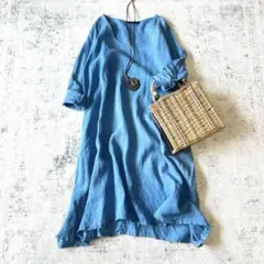 美品 ミズイロインド mizuiroindインディゴ Aラインワンピース リネン