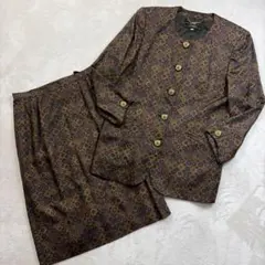 Leilian レリアン 総柄 シルクセットアップ スカートスーツ