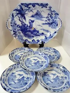 有田焼　三洋陶器　龍峰窯　 染付　青花　手付長角皿と染付山水唐草小皿揃(5枚)