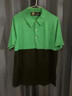 FAT SKINNYサイズ　バイカラーニットポロシャツ　緑　黒　中古　古着のサムネイル