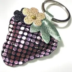 本革 レザー ぷっくりいちごキーリング ピンクドット箔