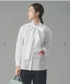 新品ユナイテッドアローズUNITED ARROWSタックフリル ボウ ブラウス白