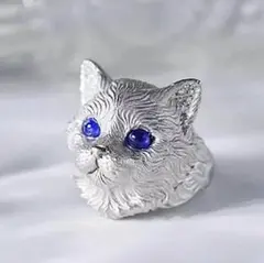 猫シルバーリング 指輪 サファイアブルー ねこモチーフ キャット ラインストーン