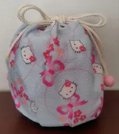 ハローキティ 水色 巾着バッグ　浴衣　夏祭りに　和柄