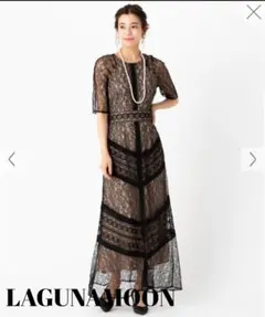 未使用 LAGUNAMOON　ショルダーギャザーレース マキシドレス　黒　M