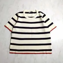 ZARA KNIT 半袖 ボーダーニット L 白 黒 赤 クルーネックのサムネイル