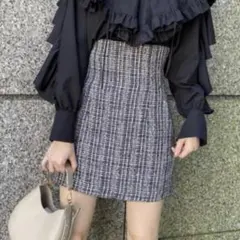 SNIDEL スナイデル ハイウエストスカショーパン ネイビー ツイード