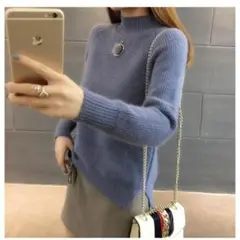 ブルー タートルネック 長袖ニット トップス L