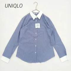 ユニクロ　クレリックシャツ　L　青×白　UVカット　オフィスカジュアル　通勤服