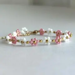 フラワービーズブレスレットNo.17 pink×white★