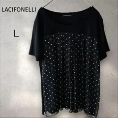 【480円均一】ラシフォネリ＊ドット切替 チュニック 【L】黒 シフォン 半袖