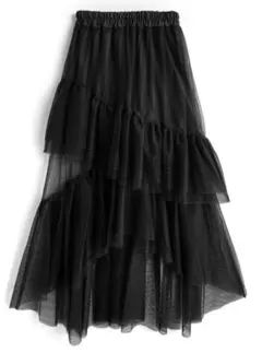アシンメトリーティアードチュールスカート ロングスカート 黒