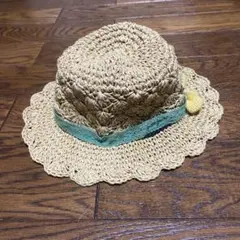 ベージュ 編み込みハット リボン付き　麦わら帽子のサムネイル