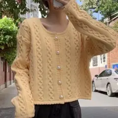 イエロー ケーブル編み カーディガン