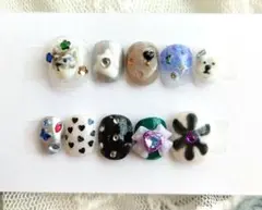 【現品】ネイルチップ 犬 ハート 原宿系 古着 派手 手描き