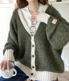 美品 JAVA 別注 カラーネップ2way配色カーディガン M カーキ ジャバ