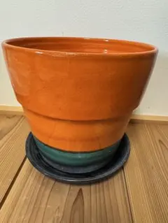 陶器製オレンジ植木鉢 受け皿付き