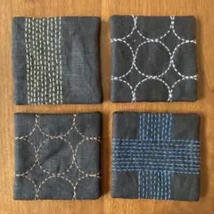 ハンドメイド　リネン　刺し子　コースター　黒　4枚セット
