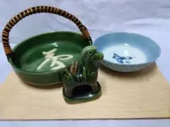 【和食器 陶器 3点セット】 持ち手付き鉢 小鉢 箸置き 爪楊枝入れ