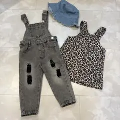 SHEIN デニムオーバーオール・ヒョウ柄タンクトップ・ハット 3点セット