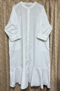 ホワイト シャツワンピース 長袖 フレア裾ＬＬサイズ