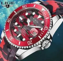 レッドは激レア！LIGE メンズ クォーツ腕時計 レッドカモフラージュ 