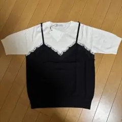 フリル付きレイヤードニット 半袖 ホワイト・ブラック