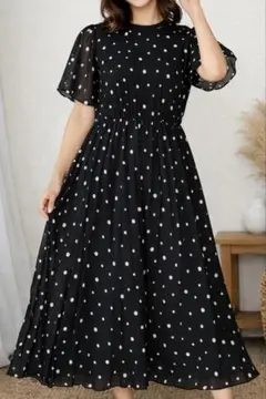 ドット柄 プリーツワンピース ロング 黒 白 水玉 シアー袖 フレア 春夏
