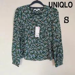 ユニクロ プリントVネックブラウス（長袖）グリーン新品未使用タグ付きSサイズ