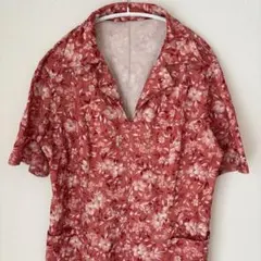 ヴィンテージ 花柄ワンピース 半袖 ロング丈 レトロ 総柄 レッド系【LL】
