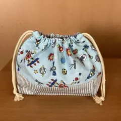 ハンドメイド　給食袋　コップ袋　お弁当袋　水色　ロボット　宇宙柄