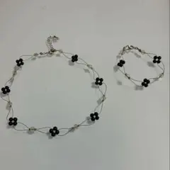 ネックレス & ブレスレットセット 花 ビーズ 黒