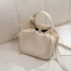 巾着ミニハンドバッグ レディース PU 無地 2WAY ショルダー ホワイト