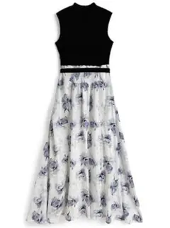 リボンベルト付きリブニット花柄フレアワンピース　完売