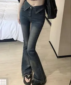 折り返しウエスト フレアデニムパンツ