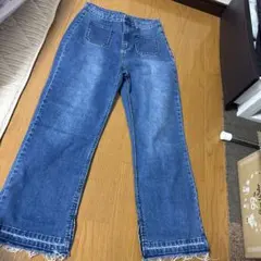 濃い青 スリットデニムパンツ