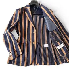 【極美品】ビームスライツ M テーラードジャケット ストライプ 紺×茶 金ボタン