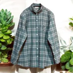 レディース緑系チェック柄スタンドカラー長袖シャツ　3L SIZE 美品