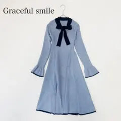 【グレイスフルスマイル】リボンタイニットワンピース（F）フレアスリーブ リブ