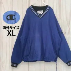 【チャンピオン ナイロンプルオーバー】ロゴ刺繍 リブライン Vネック 2XL