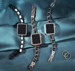 タグ付きApple Watch チェーン バンド レザー黒
