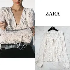 人気✨ZARA ザラ　レース　フリル　ブラウス　リボン　アイボリー　M Y2K