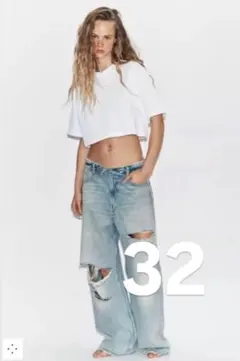 ZARA TRFミッドライズ折り返しウエストデニムパンツ　未使用　32