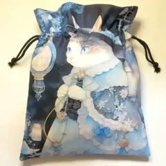 ◆ ハンドメイド 巾着袋 帽子 猫 おしゃれ 花 ブルー 水色 ④ コップ袋