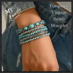 ヴィンテージ　5連　ブレスレット２　天然石風ターコイズ　ナホバ族　ビーズ