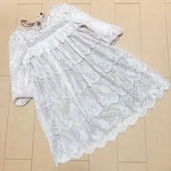 ジルバイジルスチュート ピンクベージュ 総レース ミニワンピース 七分袖★