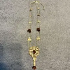 【未使用】アンティーク調 ロングネックレス ビジュー ゴールド×ブラウン