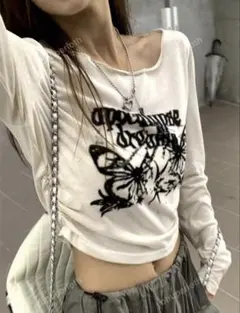 シーインプリント ホワイト長袖トップス