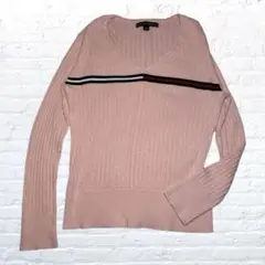 トミーヒルフィガー コットン　ケーブルニット　長袖セーター　ピンク　Ｌ　Vネック