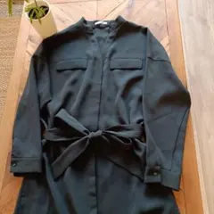 ダークグリーン 長袖 シャツワンピース